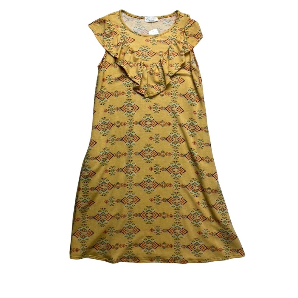 Perfect Peach Sleeveless Dress Women Size S Yellow Aztec Ruffle Neck PPD10587